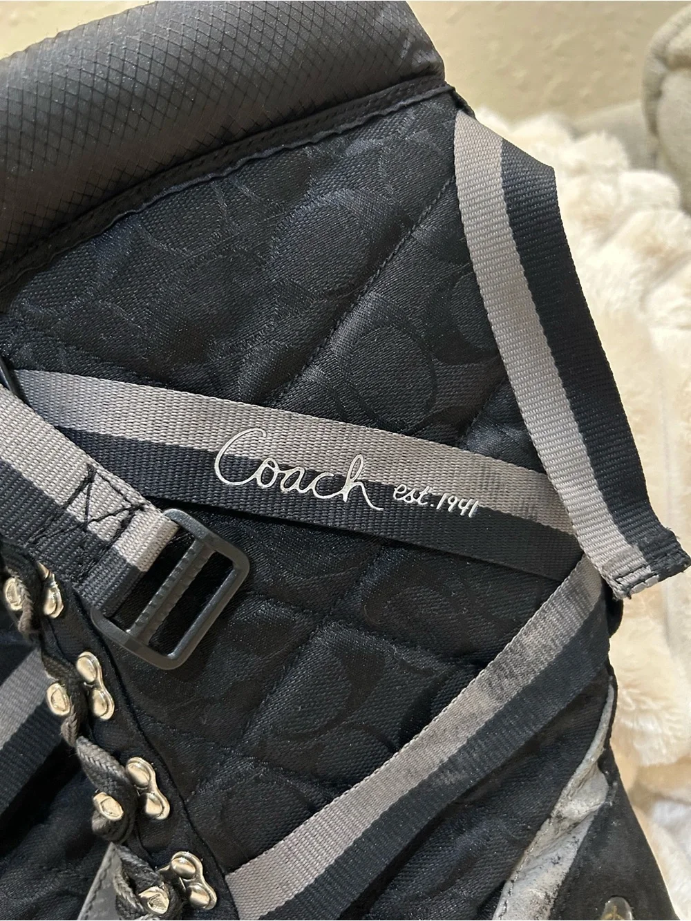 Coach Black Quilted Lace-Up Winter Rain Boots with Gray Trim EUC